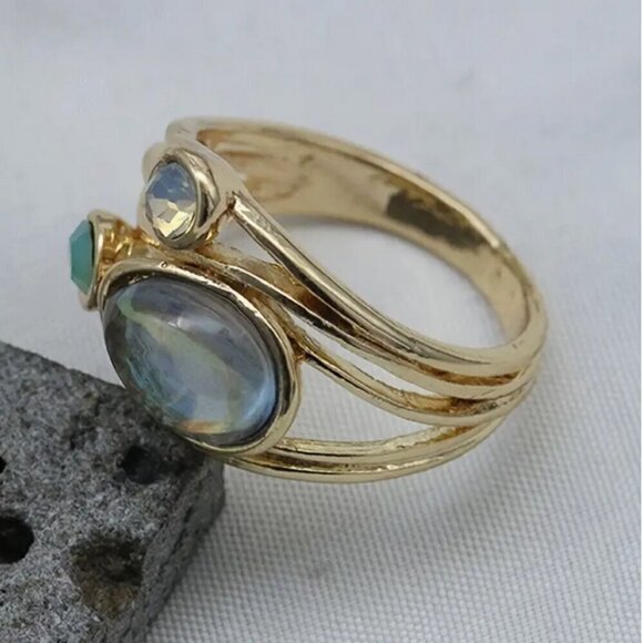 Turquoise Synthetic Three-Stone Ring, Gold Plated, Wide Statement Ring - Picture 7 of 8